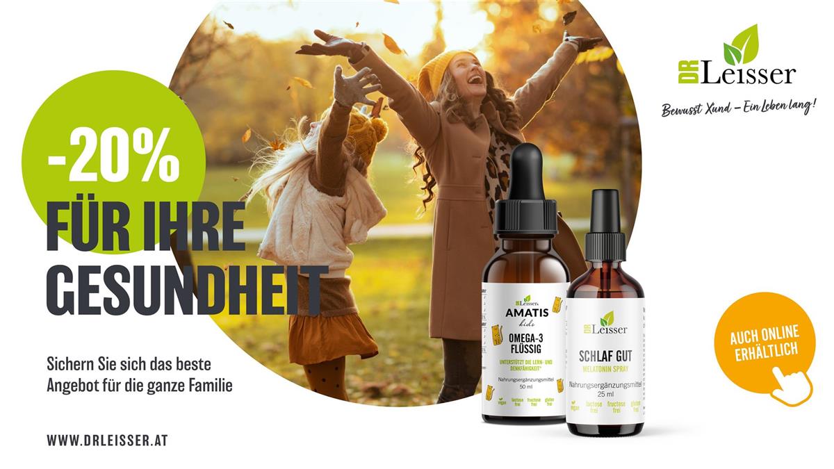 November Aktion mit 20% Rabatt auf Dr. Leisser Amatis Kids Omega 3 und Dr. Leisser Schaf gut Melatonin Spray