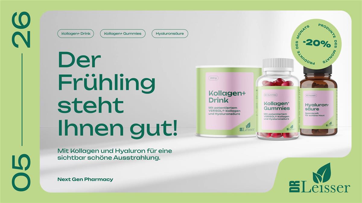April Aktion mit 20% Rabatt auf Dr. Leisser Kollagen Drink und Dr. Leisser Kollagen Gummies und Dr. Leisser Hyaluronsäure