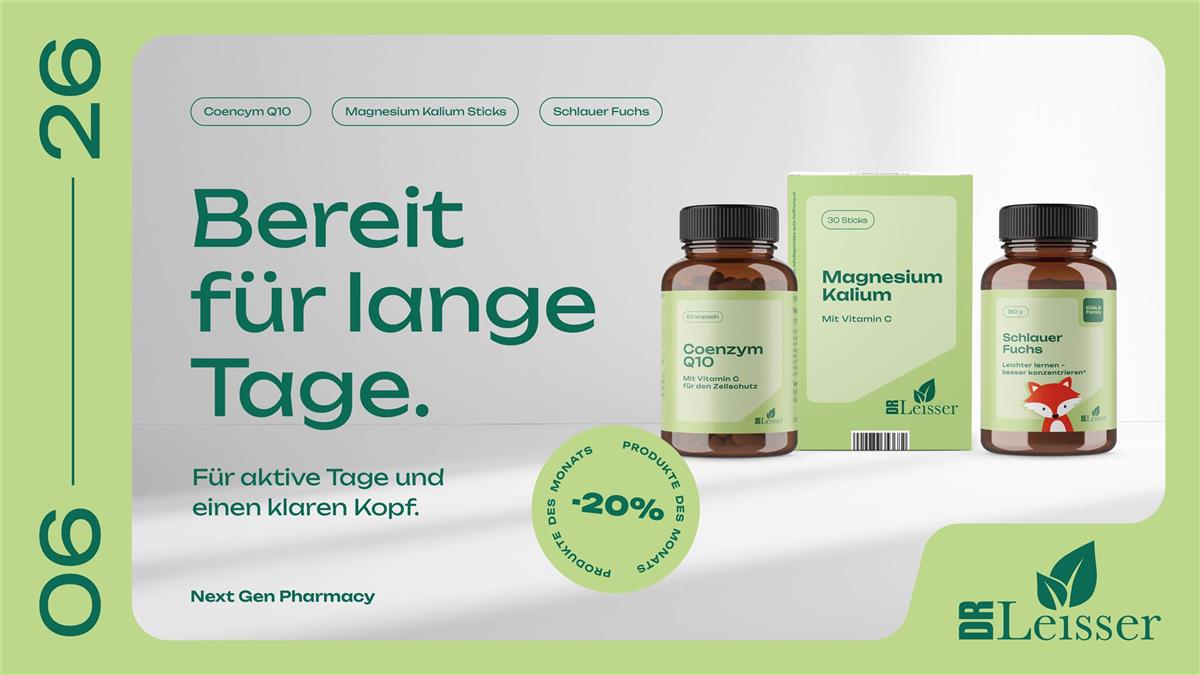 Juni Aktion mit 20% Rabatt auf Dr. Leisser Coenzym Q10 und Dr. Leisser Magnesium Kalium Sticks und Dr. Leisser Schlauer Fuchs