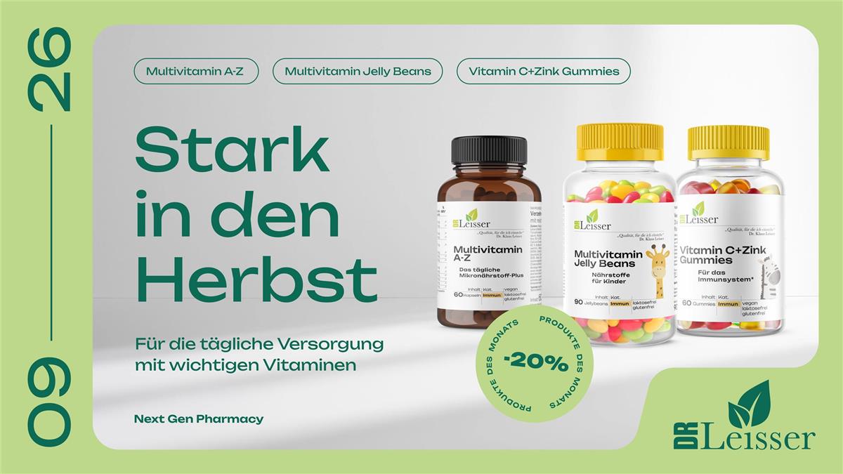 September Aktion mit 20% Rabatt auf Dr. Leisser Multivitamin A-Z und Dr. Leisser Multivitamin Jelly Beans und Dr. Leisser Vitamin C + Zink Gummies